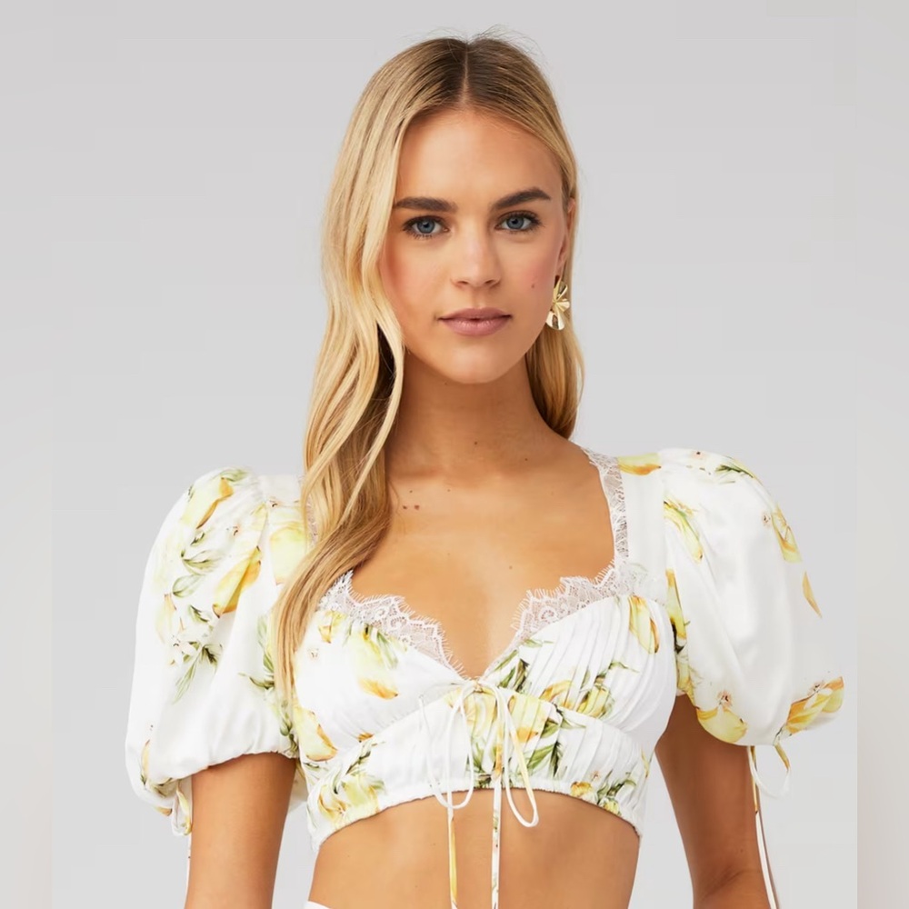 For Love & Lemons White Lemon Print Puff Sleeve Crop Top